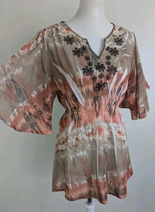 Y2K Peasant Top Flowy Blouse Fairy Grunge Boho Hippy Sheer Crinkle Tie Dye Sz 12 - Picture 1 of 10