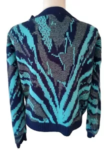 Cardigan maglione uomo vintage taglia small blu zebrato righe bottoni davanti koman - Foto 1 di 6