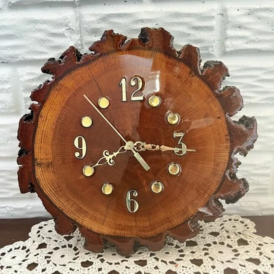 Vintage Clock Lacquered Wood Tree Stump Rustic Log Cabin Cottage 13” - Image 1 of 4