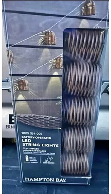 Hampton Bay 15 Foot 10 Bulb Battery Operated LED Rattan Shade String Lights NEW - Image 1 of 4