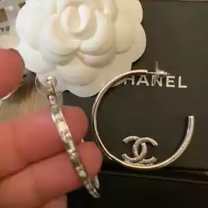 Authentic CHANEL B22P Large Silver Crystal Hoop Earrings - Picture 1 of 7