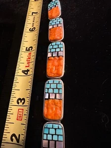 Native American Orange Spiny Oyster Turquoise Inlaid Tennis Bracelet - Picture 1 of 2