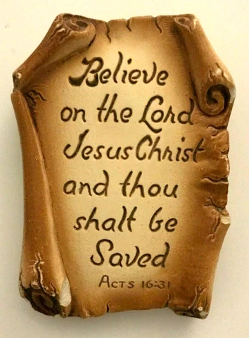Vintage 1941 Believe On The Lord Jesus Christ Chalkware Plaque USA Cover