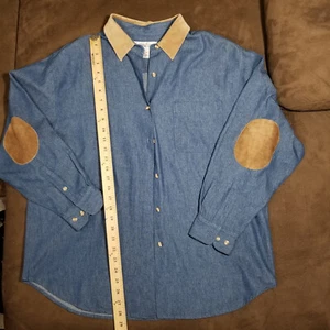 VTG BROOKS BROTHERS DENIM BUTTON DOWN SHIRT SUEDE ELBOWS AND COLLAR HONG KONG Lg - Picture 1 of 13
