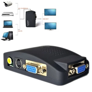 PC Laptop Composite AV/S Video To VGA TV Converter Monitor Adapter Switch Box - Zdjęcie 1 z 9