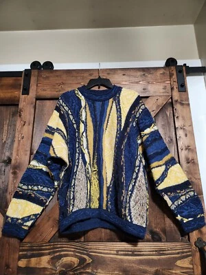 BRAND NEW COOGI Classic Vintage Blue Yellow 3D Linen Cotton Knit Sweater Size L - Image 1 of 4