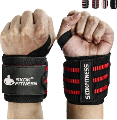 SKDK Weightlifting, Deadlift Wrist Wraps W/Thumb Loop, B-Less Stiff Red Stripe - Image 1 of 4