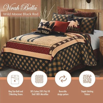 3 pc KING WILD MOOSE QUILT and SHAMS; VIRAH BELLA CABIN RED TRACKS ANTLERS - Image 1 of 3