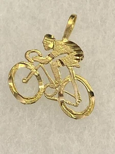 14K YELLOW GOLD BICYCLE CYCLIST CHARM PENDANT Brand New with Gift Box SALE - Picture 1 of 4