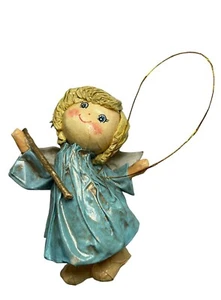 Vintage Paper Mache ANGEL Girl Christmas Ornament 4" Hanging Handmade Blue Gold - Picture 1 of 5
