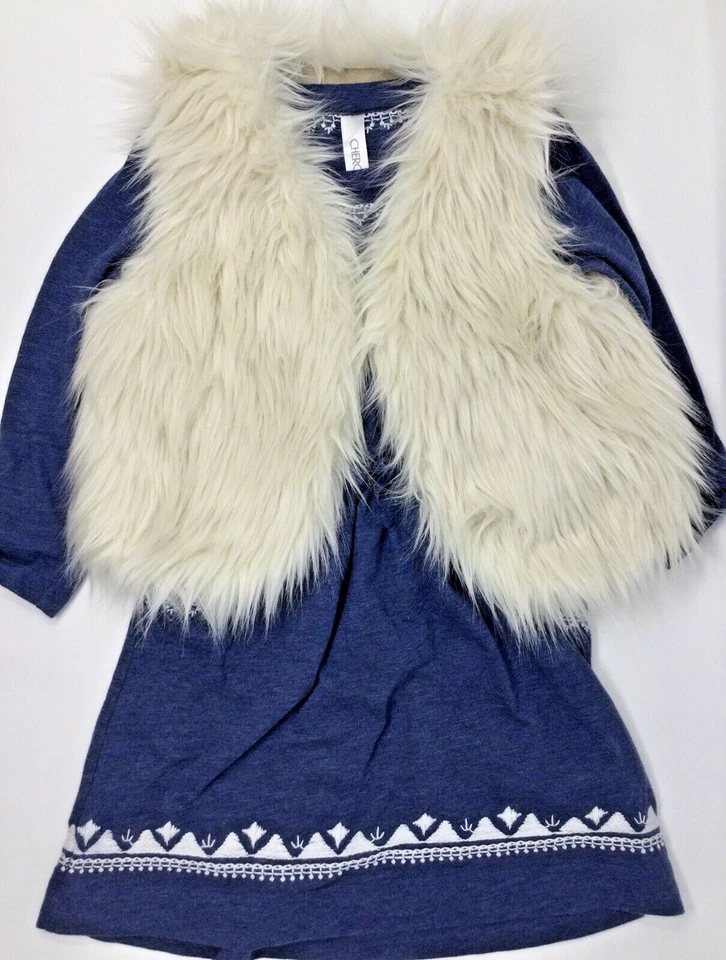 Cherokee Blue & White Winter Holiday Outfit Dress & Faux Fur Vest Size S 6/6X - Image 1 of 4