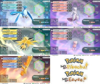 Non-Shiny Mewtwo Mew Articuno Moltres Zapdos Pokemon Let's Go Pikachu Eevee LGPE