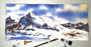 Original watercolor painting Alps mountain painting Winter landscape art 9.5x22 - Picture 1 of 4