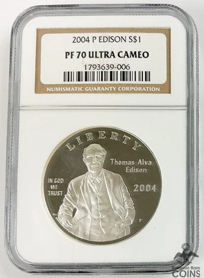 2004-P US $1 Silver Proof Coin Thomas Edison NGC PF70 Ultra Cameo ASW: ~0.77oz - Image 1 of 3