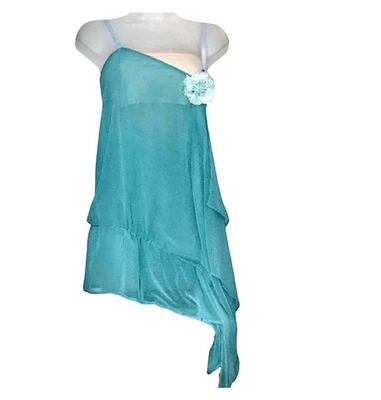 Túnica Y2K Rampage Asimétrica Volantes Cortina Lentejuelas Flor Azul Aqua Verde Pequeña Foto 1 de 4