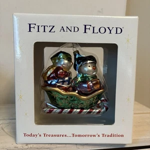 Neu 2003 Fitz and Floyd Schnee Kinder auf Schlitten Glas Ornament - Bild 1 von 6