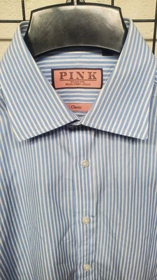 Camisa de vestir clásica de algodón rosa de Thomas 16-34,5 puño francés a rayas azules Foto 1 de 4