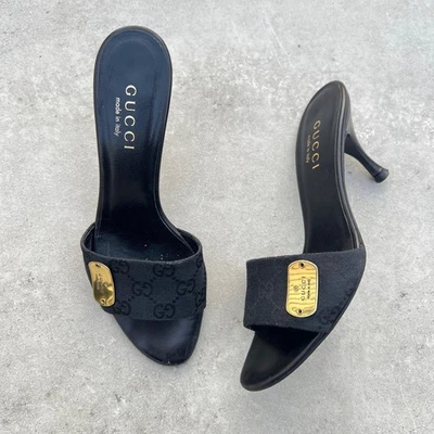 Gucci | Authentic Vintage GG Monogram Gold Hardware Tag Canvas Leather Mules(36) - Image 1 of 4
