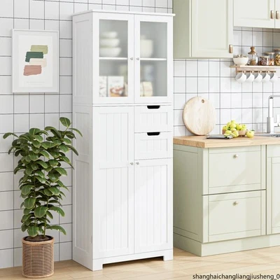 67" Tall White Bathroom Linen Cabinet Doors Removable Drawers Kitchen Cupboard - Image 1 of 4