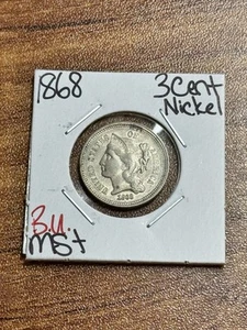 Moneda tipo 3c de tres centavos de níquel 1868 BU sin circular MS++ EE. UU. (Raw16513) - Imagen 1 de 2