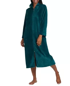 Miss Elaine Women's Textured Zip-Front Hidden Pocket Robe - Emerald Size Large - Picture 1 of 6