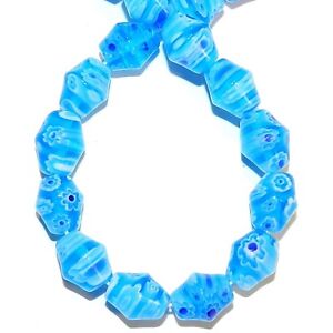 G1422 Dark Aqua Blue Multiple Flower 12mm Bicone Millefiori Glass Beads 15"