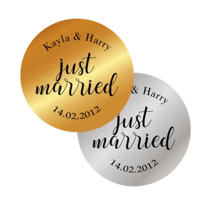 PERSONALISIERTE AUFKLEBER JUST MARRIED HOCHZEIT GESCHENKE METALLIC GOLD SILBER ETIKETTEN  - Bild 1 von 1