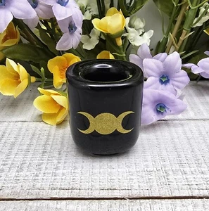 Black Ceramic Chime Candle Holder For .5 inch Diameter Candles, Gold Triple Moon - Picture 1 of 10