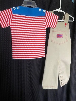 Vtg Overalls And Shirt Boy Top Striped All American 12 18 M Carters Nautical  W3 - Image 1 of 4
