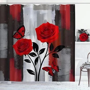 Red Rose Shower Curtain Black and Red Rose Floral Valentine's Day Shower Curt... - Picture 1 of 5