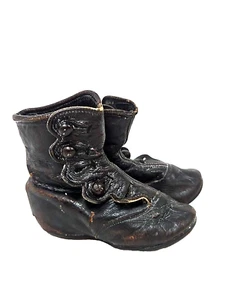 ANTIQUE Victorian child DOLL High TOP shoes BOOTS brown LEATHER Button-up  4" L - Picture 1 of 15
