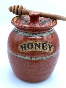 Hand Made Glazed Pottery Honey Pot With Wooden Dipper - Picture 1 of 5