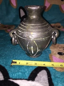 Mexican African Tribal Pottery Jug Clay Ceramic Urn Vase Black Ring Handles Rare - Picture 1 of 8