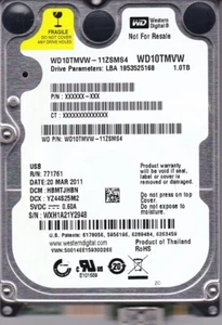 WD10TMVW-11ZSMS4 HBMTJHBN MAR/2011 s/n: WXH1A2 1TB USB 3.0 2. 5 Western Digital - Afbeelding 1 van 5