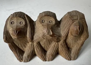 Vintage 3 Wise Monkeys See Hear Speak No Evil Wood Carved 2.5" x 4" Japan - Picture 1 of 11
