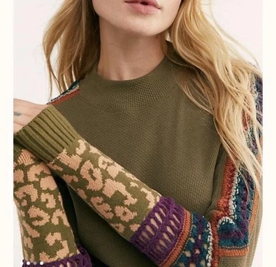 Free People Sweater Womens Small Green Knit Mock Neck Leopard Sleeve Boho - Image 1 of 4