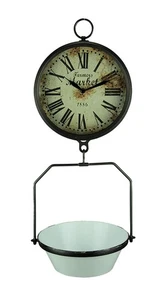 Vintage Look Hanging Scale Clock with White Enamelware Tray - Picture 1 of 4
