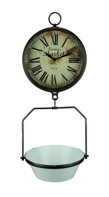 Vintage Look Hanging Scale Clock with White Enamelware Tray - Image 1 of 4