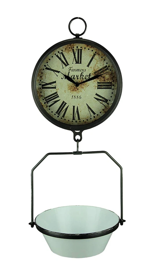 Vintage Look Hanging Scale Clock with White Enamelware Tray - Image 1 of 4