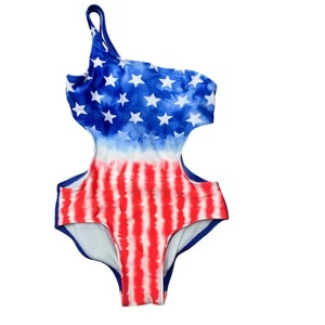 New Art Class Girls Large (10/12) One Shoulder Patriotic USA Stars 1PC Swimsuit - Picture 1 of 3