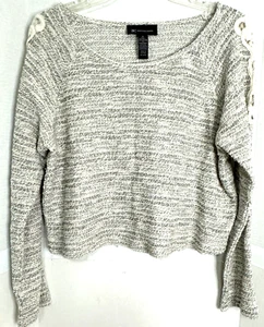 INC Gray Cropped Sweater Open Lace on Long Sleeve Round Neck Jrs Sz XL Pullover - Picture 1 of 5