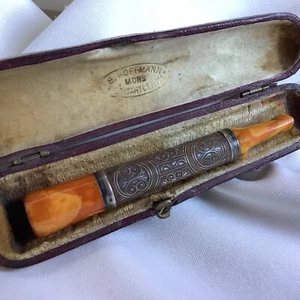 Antique Amber Sterling Silver Marquetry Wood Pipe Cigarette Tobacco Smoking Box - Picture 1 of 16