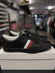 45EU/12US - Moncler Black Leather  Monaco Sneaker Low Top Logo Stripe - Picture 1 of 24