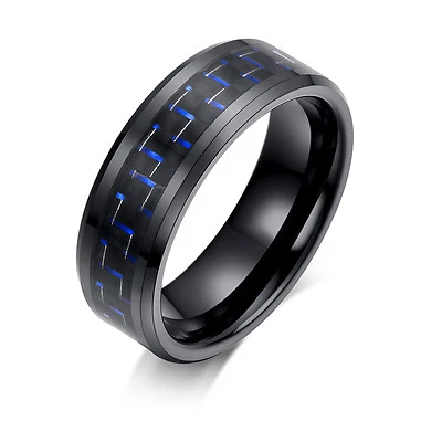 8mm Men's jewelry Ceramic Ring with Carbon Fiber Black and Blue Wedding Band Cof - Image 1 of 4