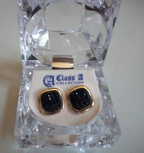 Herren Gold Finish Schwarze Steine Mode Lässig Hip Hop Ohrstecker mit Box - Bild 1 von 5