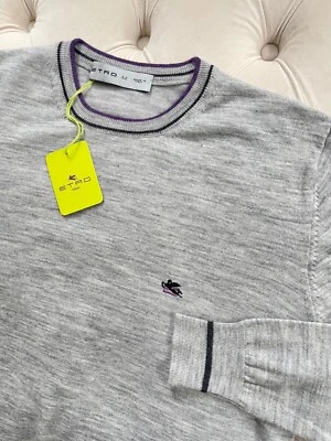 Men's ETRO Milano Pullover Wool Knit Logo Crew Neck Light Gray Sweater M size - Image 1 of 4
