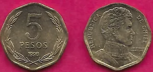 CHILE 5 PESOS 1998 UNC 8 SIDED COIN,BERNARDO O'HIGGINS BUST RIGHT,DENOMINATI - Picture 1 of 1