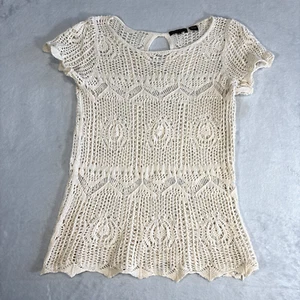 Jeanne Pierre Open Knit Crochet Top Beige Short Sleeve Women's Sz M 100% Cotton - Picture 1 of 11