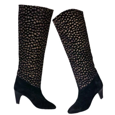 BOTAS DE TACÓN HASTA LA RODILLA NINA NEGRAS Y MARRONES DE GAMUZA CON ESTAMPADO MANCHADO TALLA 5,5 Foto 1 de 4