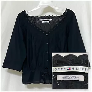 Sz 8 TOMMY HILFIGER Women’s 3/4 Sleeve Button Down Black Floral Blouse Top Shirt - Picture 1 of 8